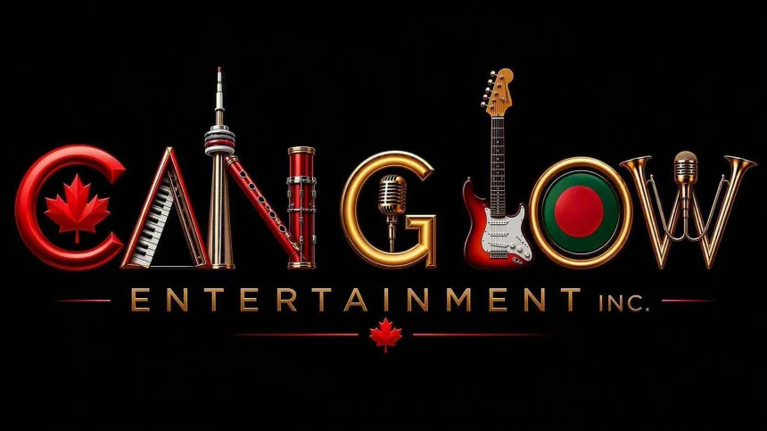 CanGlow Entertainment Inc. logo: the word CanGlow built from a maple leaf, CN Tower, flute, microphone, guitar, Bangladesh flag roundel and brass horns