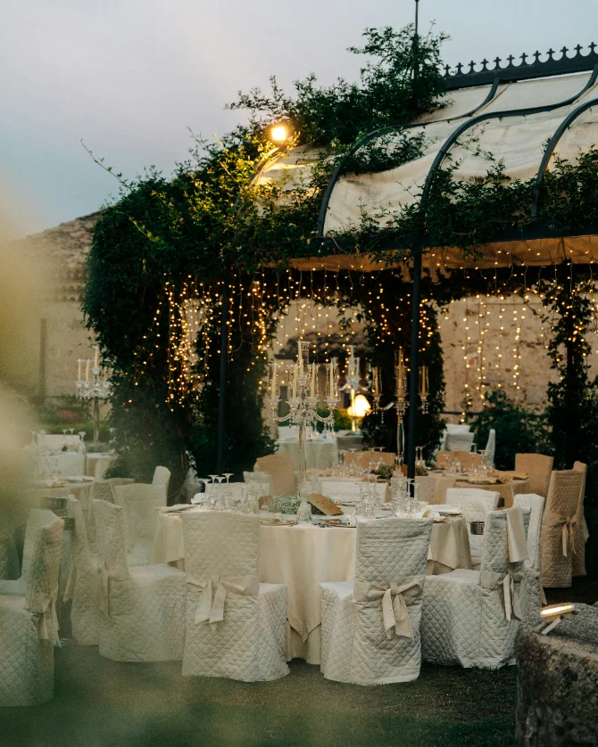Wedding reception, warm string lights, dance floor